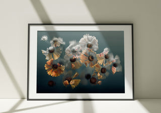 Dancing Heleniums – Botanical Fine Art Print framed in classic black, with golden heleniums contrasting against a deep ink grey background.